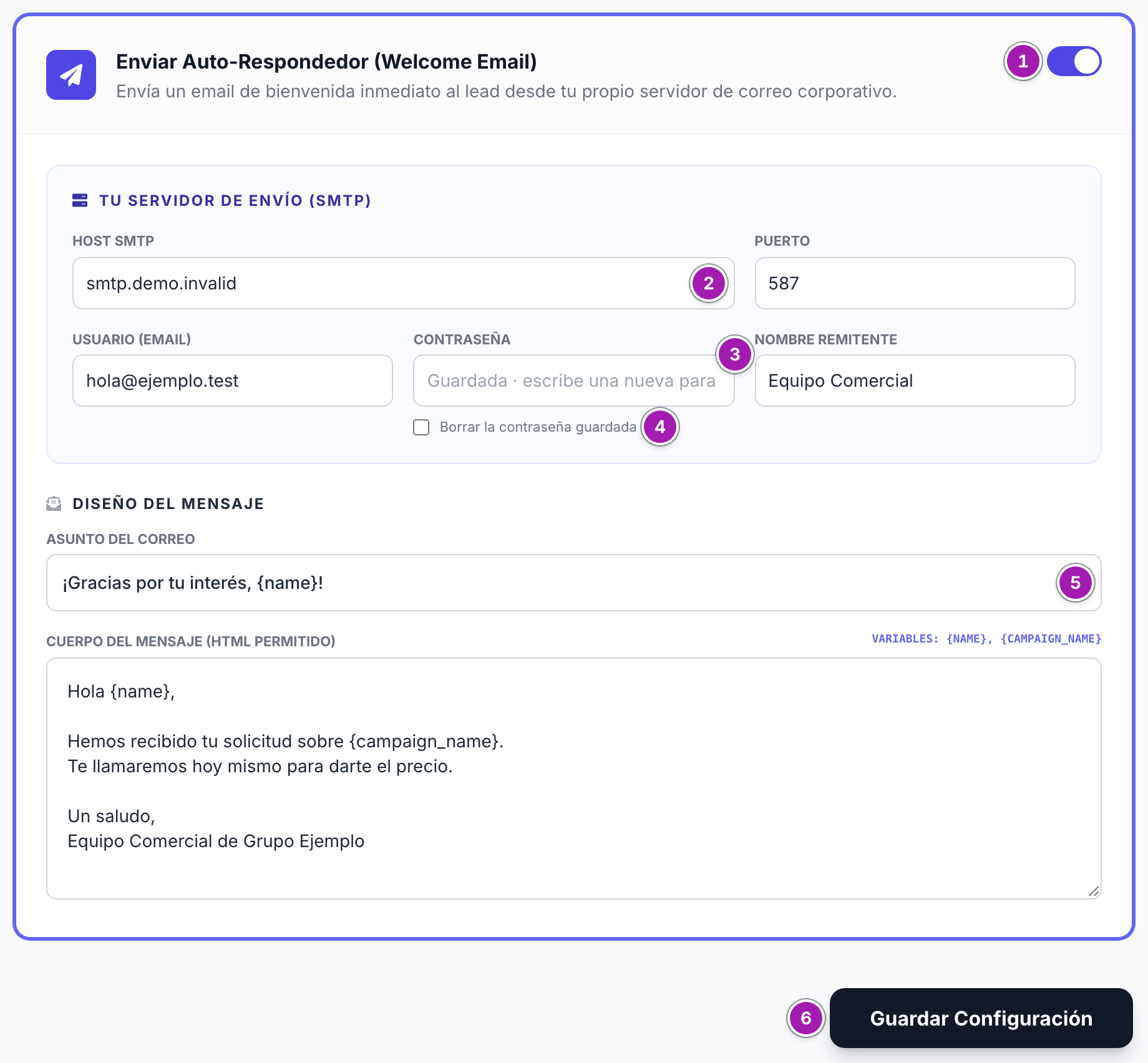 Bloque «Enviar Auto-Respondedor (Welcome Email)» encendido (1): el servidor de envío con su host (2), el campo de la contraseña vacío con el aviso «Guardada» (3) y la casilla «Borrar la contraseña guardada» (4); el diseño del mensaje con su asunto (5) y el botón «Guardar Configuración» (6).