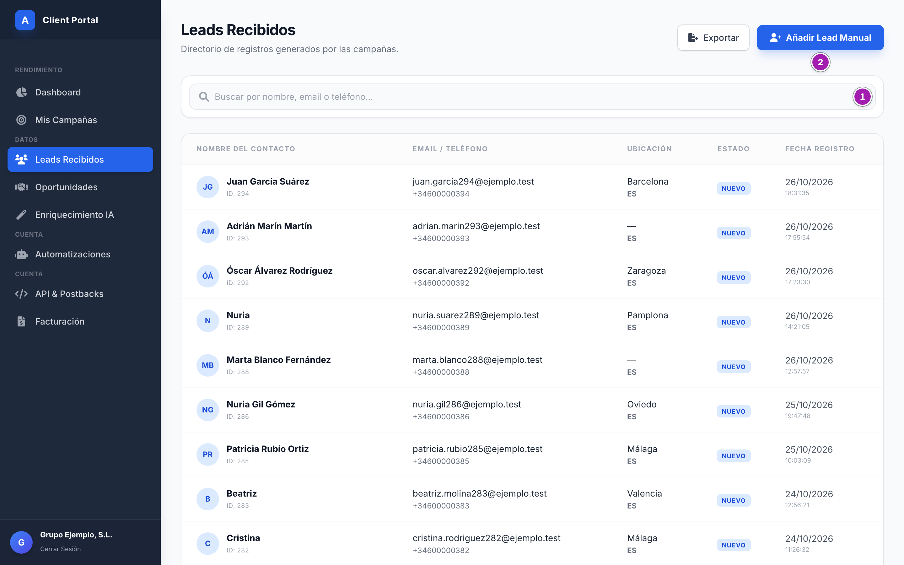 Pantalla «Leads Recibidos» con el buscador (1), el botón «Añadir Lead Manual» (2) y la lista de leads con nombre, email y teléfono, ubicación, estado y fecha de registro.