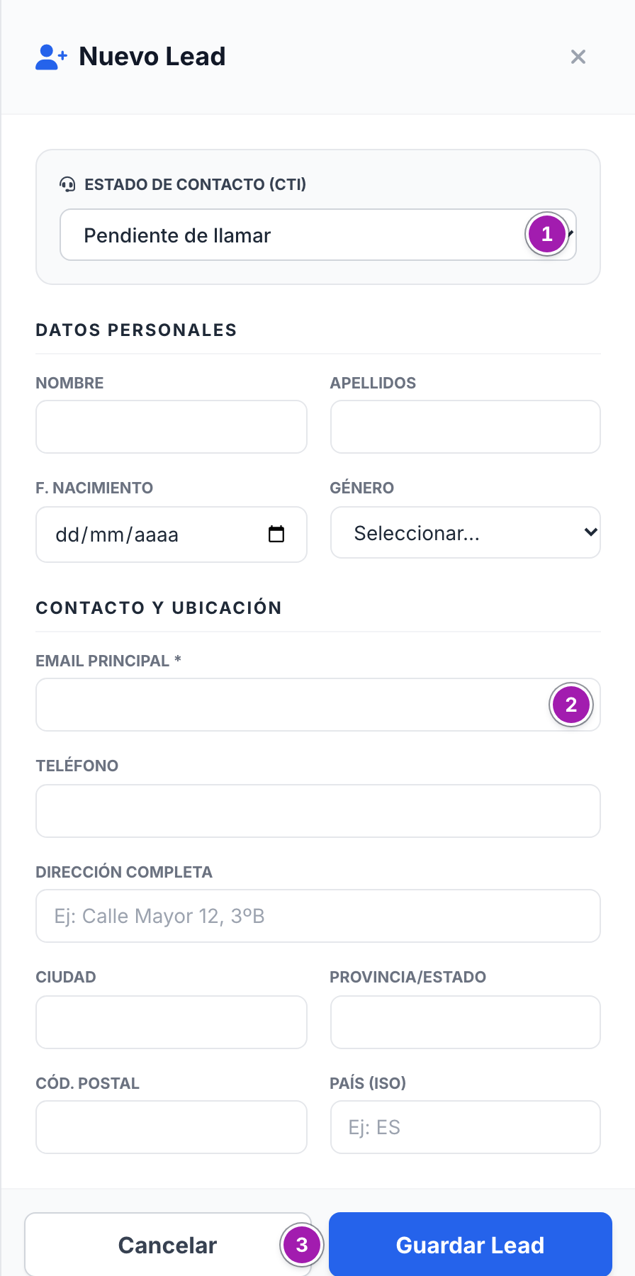 Panel «Nuevo Lead»: el estado de contacto (1), el email principal, que es obligatorio (2), los demás datos personales y de contacto, y el botón «Guardar Lead» (3).