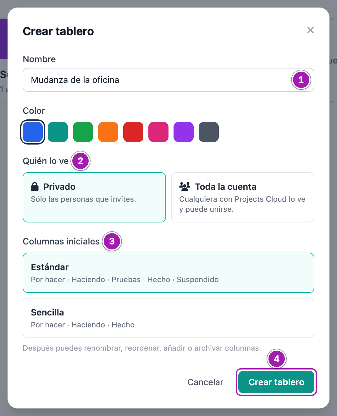 Ventana «Crear tablero» con el nombre escrito (1), la elección de «Quién lo ve» entre Privado y Toda la cuenta (2), las «Columnas iniciales» Estándar o Sencilla (3) y el botón «Crear tablero» (4).