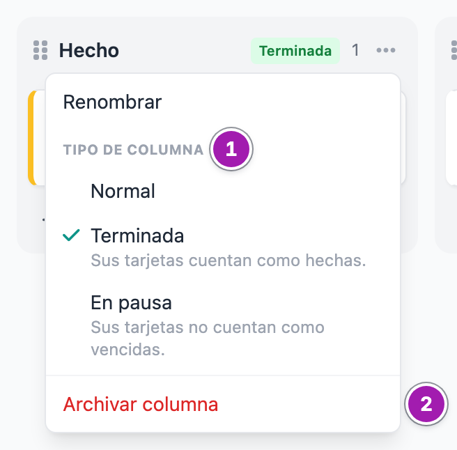Menú de opciones de la columna Hecho: Renombrar, el «Tipo de columna» (1) con Normal, Terminada (marcada) y En pausa, cada una con su explicación, y «Archivar columna» (2).